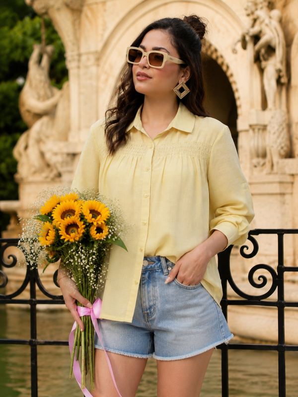 The Etched Flora Cotton Viscose Shirt for Women - Lemon